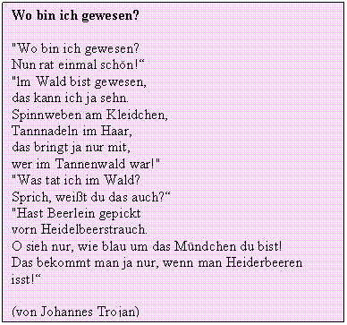 Textfeld: Wo bin ich gewesen? 

"Wo bin ich gewesen?
Nun rat einmal schn!
"lm Wald bist gewesen,
das kann ich ja sehn.
Spinnweben am Kleidchen,
Tannnadeln im Haar,
das bringt ja nur mit,
wer im Tannenwald war!"
"Was tat ich im Wald?
Sprich, weit du das auch?
"Hast Beerlein gepickt
vorn Heidelbeerstrauch.
O sieh nur, wie blau um das Mndchen du bist!
Das bekommt man ja nur, wenn man Heiderbeeren isst!

(von Johannes Trojan)

